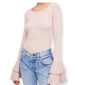 Free People We The Free Long Sleeve Top Lilac Salmon Stripes 2 Layer Ruffle Slee